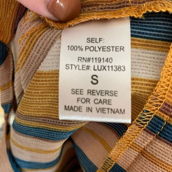 Favlux Cropped Wraparound Tied Blouse Striped Green Gold Bubble Sleeve Wmn Small - Picture 5 of 8